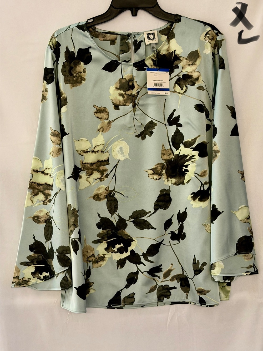 Anne Klein Pale Mint Floral Print Long Sleeve Blouse